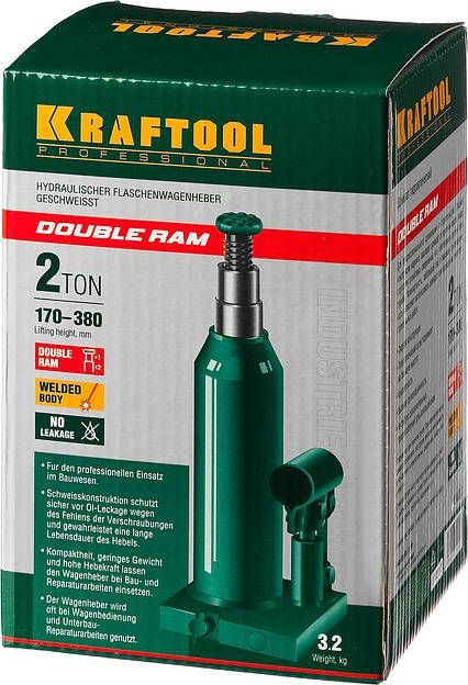 KRAFTOOL DOUBLE RAM, 2 т, 170 - 380 мм, с увеличенным подъемом, двухштоковый бутылочный домкрат (43463-2) фото 10