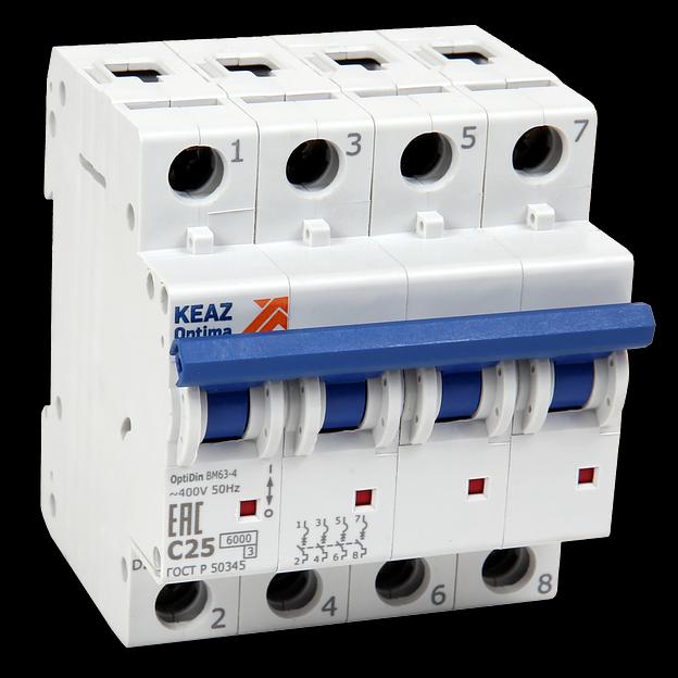 Автоматический выключатель КЭАЗ OptiDin BM63 4P 10A C 6кА AC (BM63-4C10-УХЛ3) фото 1