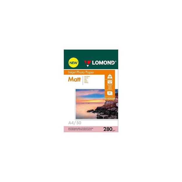 Фотобумага Lomond A4, для струйной печати, 50л, 280г/м2, белый, покрытие матовое [0102058] фото 1