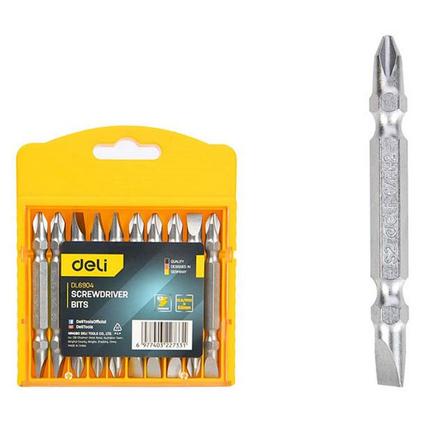 Набор двухсторонних бит 10 шт Deli DL6904 SL6/PH2*65мм, сталь S2 с твердостью 58-60HRC, пласт.кейс фото 1