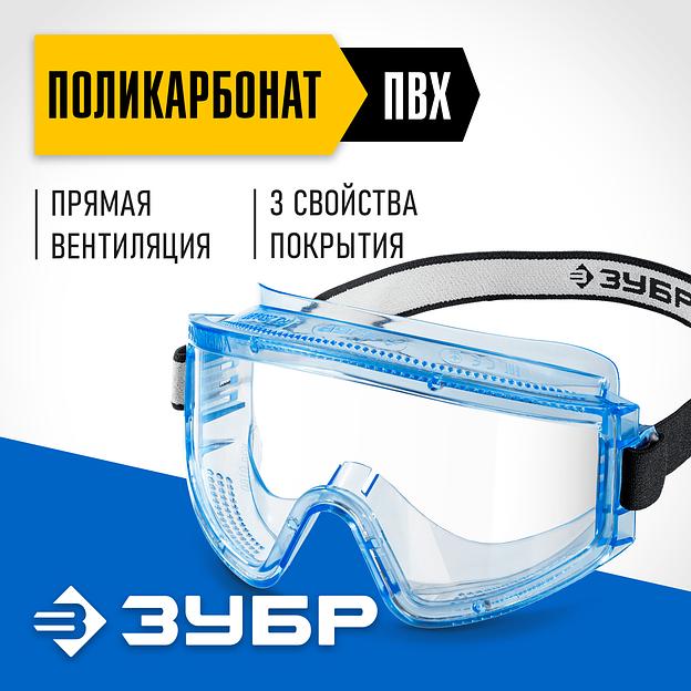 ЗУБР ПАНОРАМА П прямая вентиляция, защитные очки закрытые, защита от царапин и запотевания, UV 380, оптический класс 1, Профессионал (110231) фото 2
