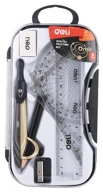Циркуль Deli EG30404 корпус ассорти металл в компл.:линейка/транспортир/2 угольника/карандаш/ластик/точилка фото 2