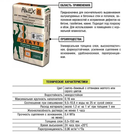 Гипсовая шпатлёвка AlinEX «GLATT», 25 кг фото 2