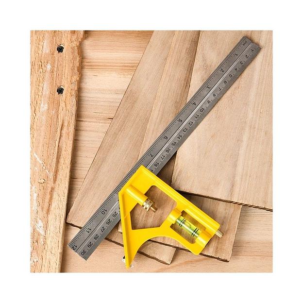 Линейка строительная с угольником и уровнем Deli DL7300Y 300мм, нержавеющая сталь, пузырьковый уровень фото 2