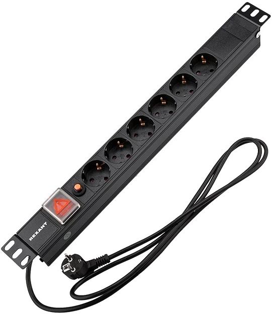 Блок распределения питания для 19" шкафов, горизонтальный, 6 розеток СЕЕ 7/4, 16A, фильтр, выкл, алюм корп, шнур 2м, вилка СЕЕ 7/7 REXANT фото 1