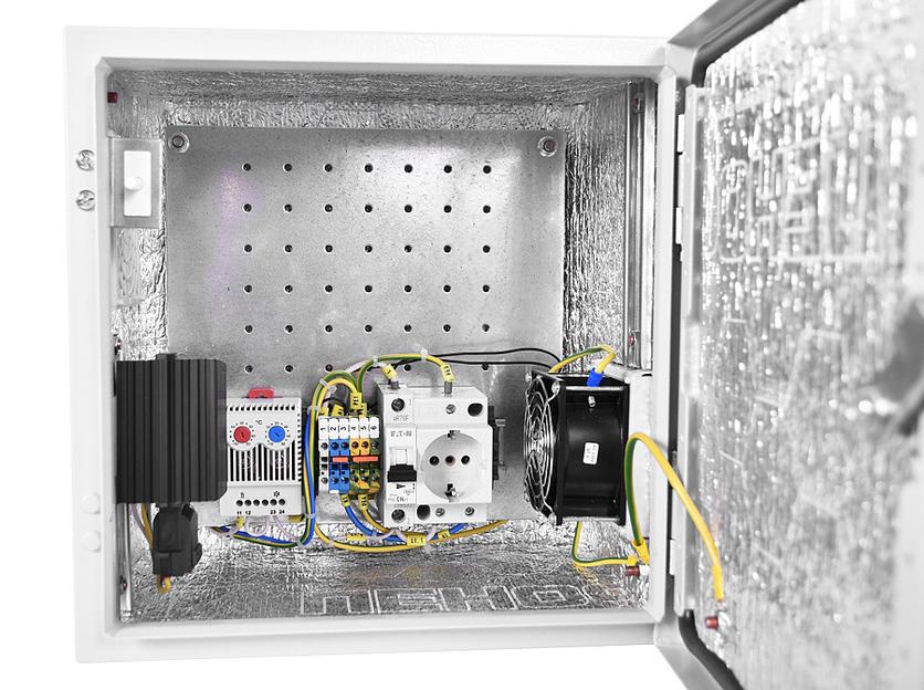 Шкаф серверный ЦМО Эконом (ШТВ-НЭ-4.4.21-3ААА-Т2) настенный 9U 400x210мм пер.дв.стал.лист задн.дв.спл.стал.лист несъемн.бок.пан. серый 180мм 400мм IP66 уличный всепогодный с нагревателем с силовыми розетками 60Вт фото 5
