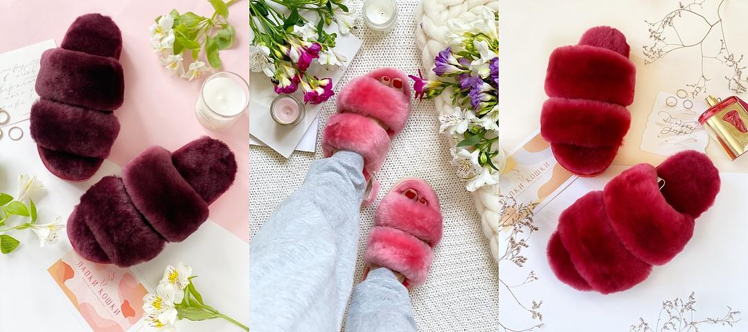 Женские меховые тапочки с параллельными шлейками фото 10