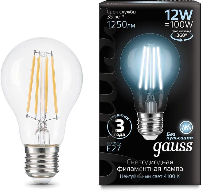 Лампа светодиодная Gauss Filament 102902212 12Вт цок.:E27 груша 185B 4100K св.свеч.бел.нейт. грушевидная (упак.:1шт) фото 1