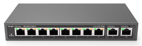 Коммутатор Reyee 8-Port 100Mbps + 2 Uplink Port 1000Mbps, 8 of the ports support PoE/PoE+ power supply. Max PoE power budget is 110W, unmanaged switch, desktop(Only US standard Adaptor is available) (RG-ES110D-P) фото 2