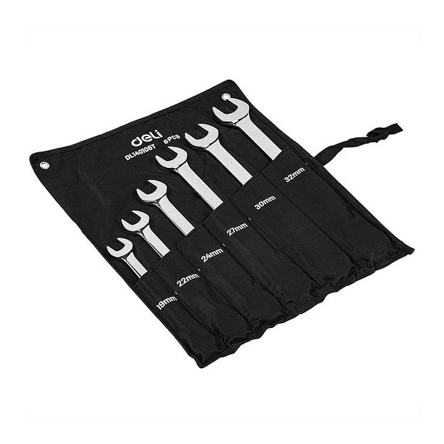 Ключи Deli Набор комбинированных ключей с трещоткой 6 шт Deli DL140106T (размеры 19,22,24,27,30,32мм, сталь 40Cr, трещотка 50BV30 72 зуба, чехол из ткани Оксфорд) фото 2