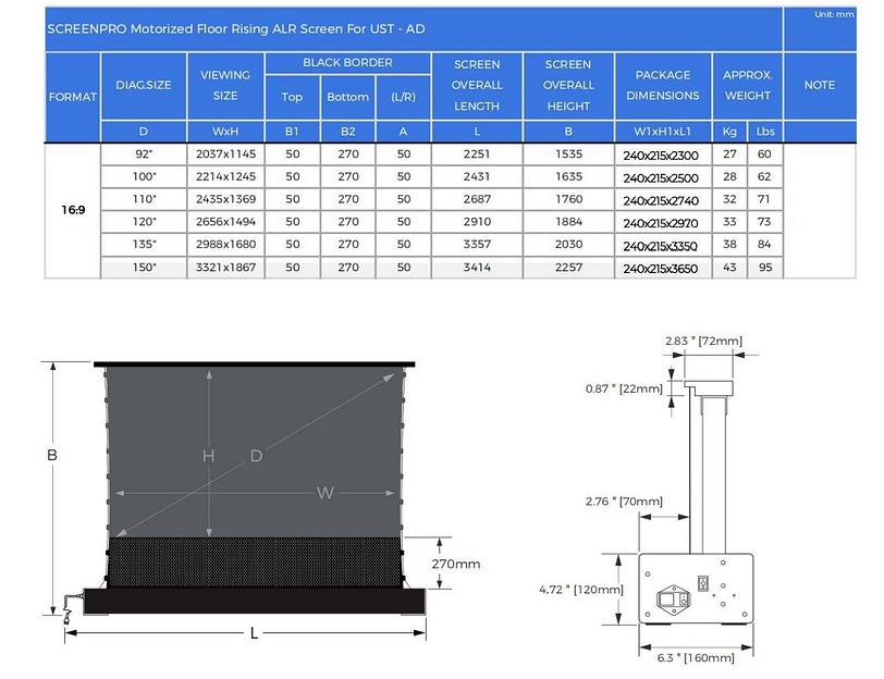 Встраиваемый в пол экран с электроприводом KLO projection screen 120 дюймов фото 2