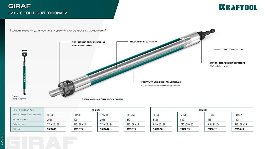 KRAFTOOL X-DRIVE LONG, 19 мм (М12), 585 мм, экстрадлинная ударная бита с торцовой головкой (26198-19) фото 6