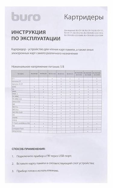 Устройство чтения карт памяти USB2.0 Buro BU-CR-108 черный фото 8