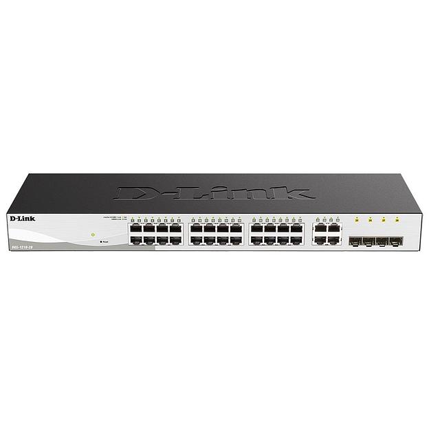 Коммутатор D-Link DGS-1210-28/F3A, L2 Smart Switch with 24 10/100/1000Base-T ports and 4 1000Base-T/SFP combo-ports.8K Mac address, 802.3x Flow Control, 256 of 802.1Q VLAN, VID range 1-4094, 4 IP Interface, 8 (DGS-1210-28/F3A) фото 2