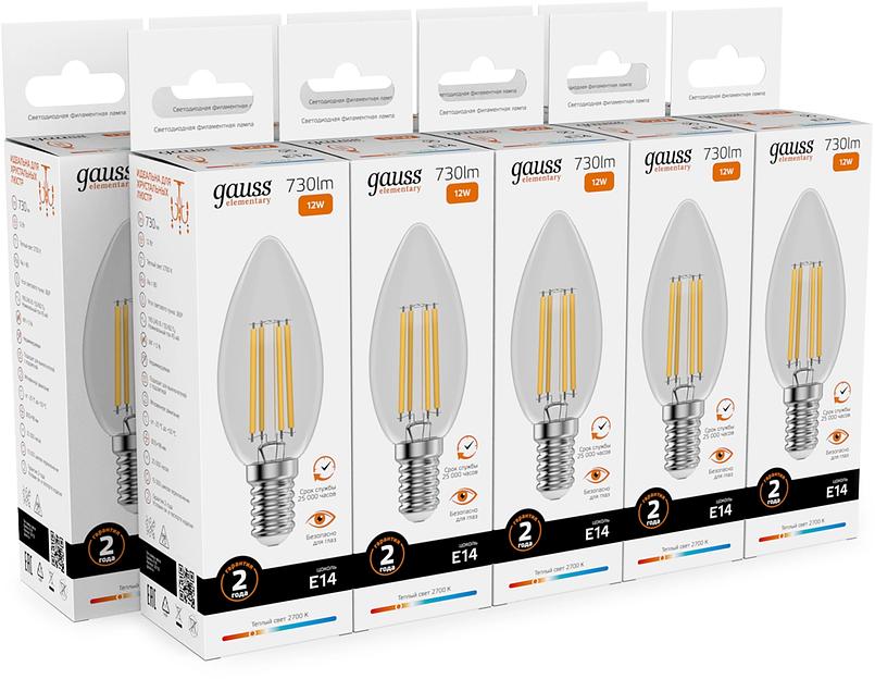 Лампа филам. Gauss Filament 12Вт цок.:E14 свеча св.свеч.бел.теп. (упак.:10шт) (32112) фото 3
