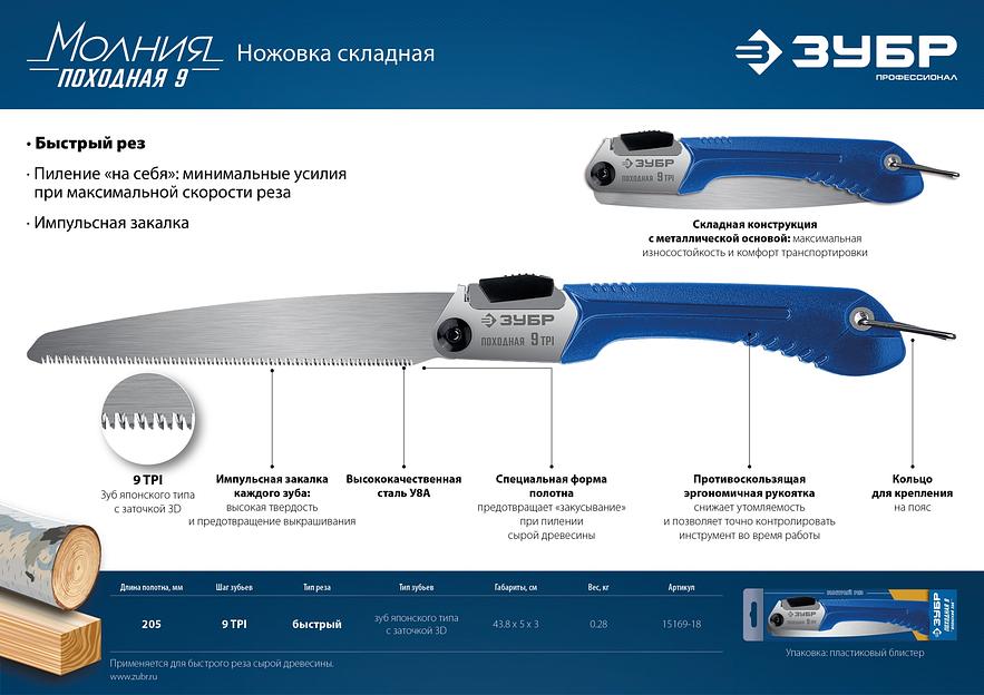 ЗУБР Походная 9, 205 мм, ножовка для быстрого реза сырой древесины, Профессионал (15169-18) фото 10