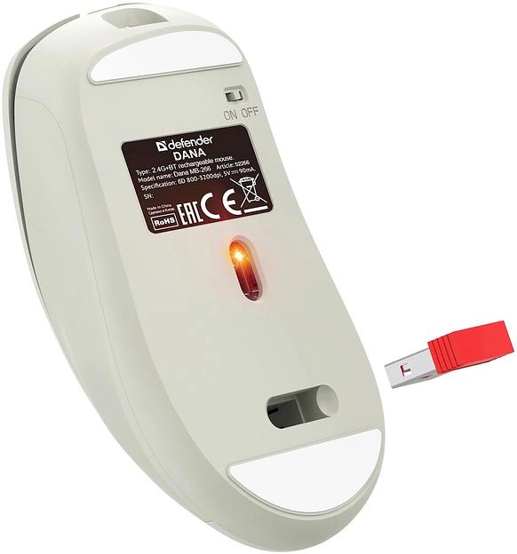 Мышка беспроводная Bluetooth/2.4G 6кн. 3200dpi бело-серый Dana MB-266 52266 DEFENDER фото 3