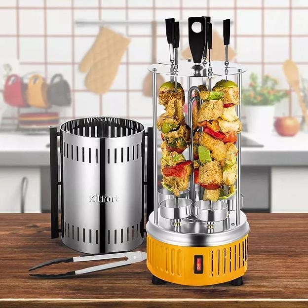 Шашлычница электрическая Kitfort КТ-1408 900Вт нержавеющая сталь/желтый фото 8