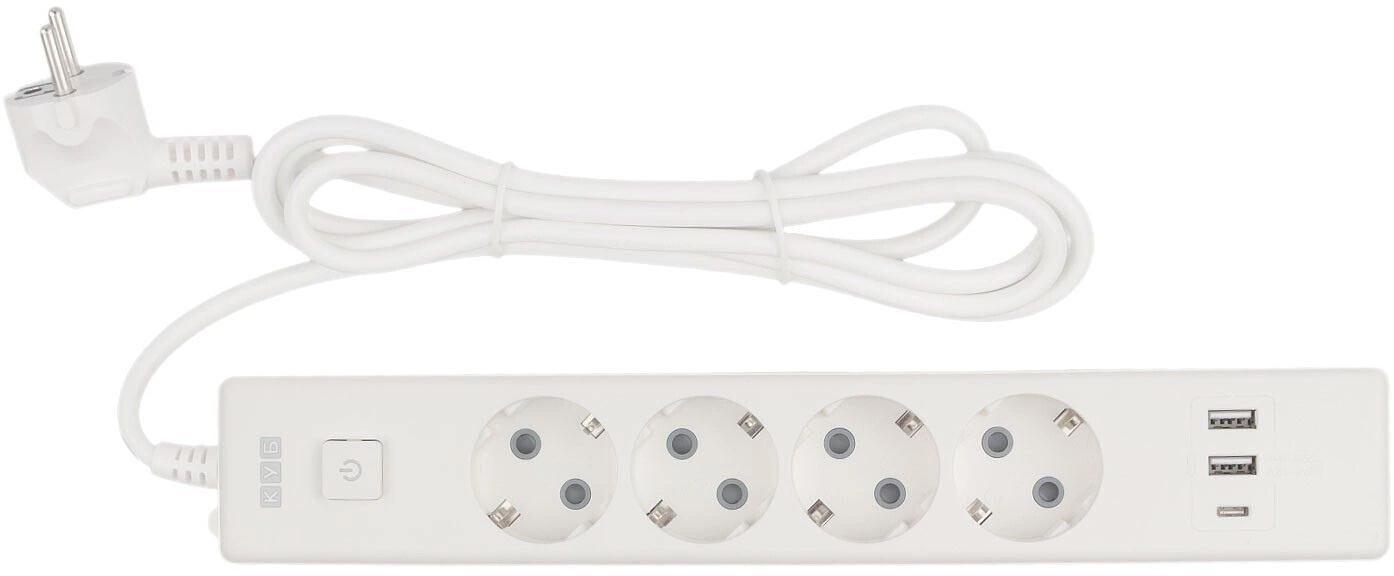 PowerCube Бытовой удлинитель (PC-6-2M) 4р с/з вык.,3USB, 3500 Вт, 16А, 1.9 м, 3*1,0 (белый) {22305} фото 1