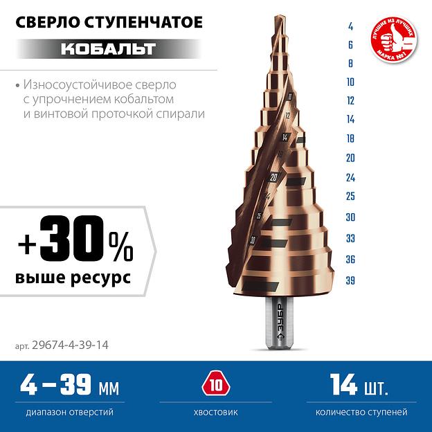 ЗУБР КОБАЛЬТ 4-39мм, 14 ступеней, винтовая проточка, сверло ступенчатое, серия Профессионал(29674-4-39-14) фото 3