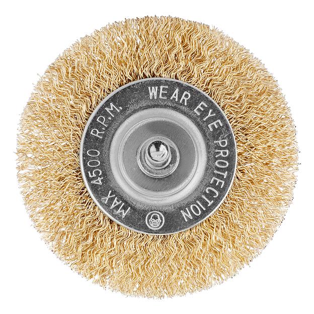 Кордщетка MATRIX 74448 для дрели 75мм плоская со шпилькой латунированная витая проволока фото 3