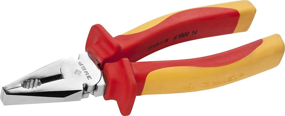 Плоскогубцы ЗУБР "ПРОФЕССИОНАЛ" "ПРОФИЭЛЕКТРИК", диэлектрические комбинированные, двухкомп рукоятка, до ~1000В, 180мм 22145-1-18 фото 1