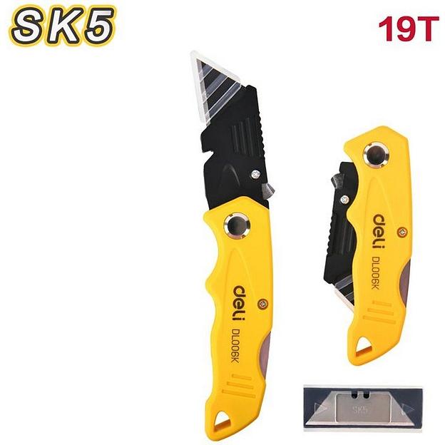 Набор (4 шт) строительных складных ножей с Т-образным лезвием Deli DL006K-4 в комплекте 10 лезвий, сталь SK5, пластиковая рукоятка фото 3