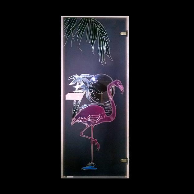 Двери для бани/сауны матовая витражная заливка пальмы и фламинго фото 1