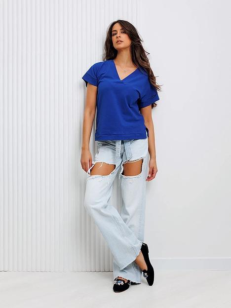 Футболка трикотажная, синяя с V-образным вырезом, Опт фото 2