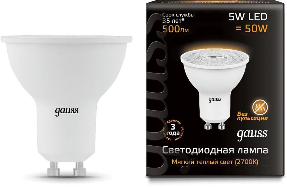 Лампа светодиодная Gauss MR16 5Вт цок.:GU10 спот 220B 3000K св.свеч.бел.теп. MR16 (упак.:1шт) (101506105) фото 1