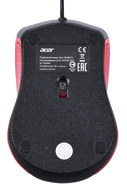 Мышь Acer OMW012 черный/красный оптическая (1200dpi) USB (3but) фото 2