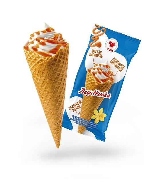Мороженое в вафельном рожке Лединямка «Ванильное с мягкой карамелью» 120 г ОПТ фото 1
