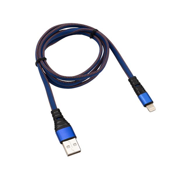 Кабель USB-Lightning 2.4 A, 1 м, синяя нейлоновая оплетка, 18-7053, фото 1