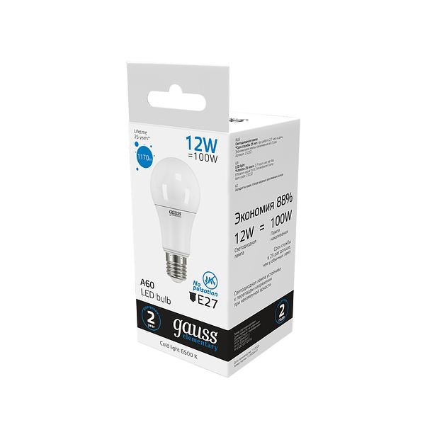 Лампа светодиодная Gauss Elementary 12Вт цок.:E27 груша 220B 6500K св.свеч.бел.хол. A60 (упак.:10шт) (23232) фото 6