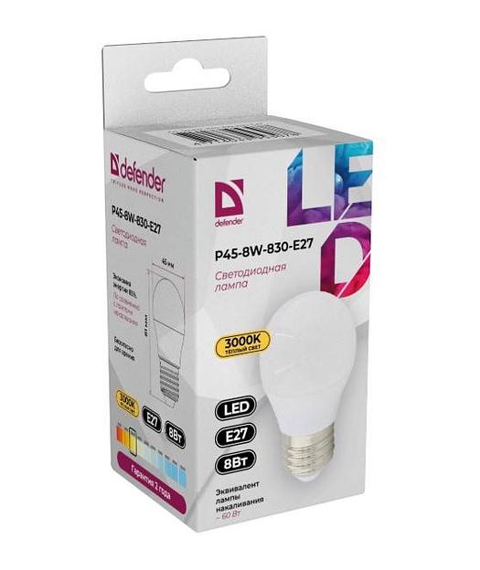 Defender Лампочка светодиодная P45-8W-830-E27 шар, 3000 К, теплый белый, 1 шт. фото 1