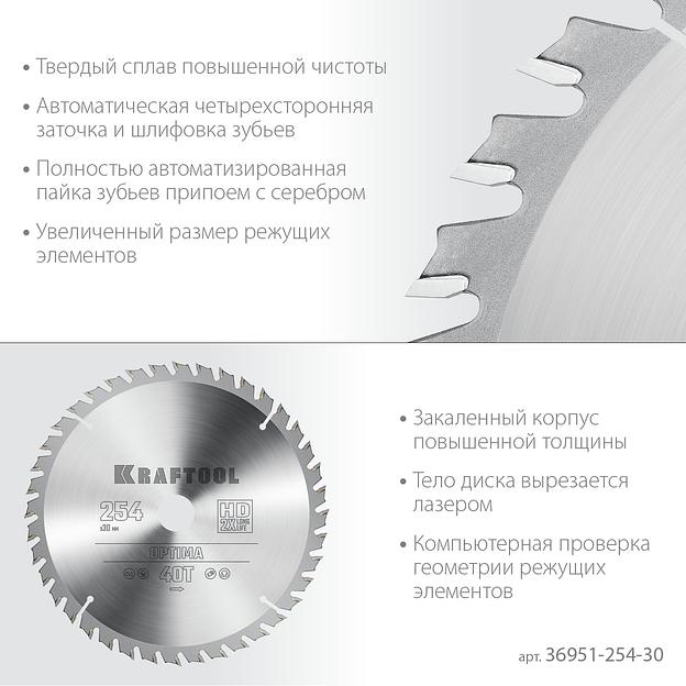KRAFTOOL Optima, 254 х 30 мм, 40Т, пильный диск по дереву (36951-254-30) фото 4