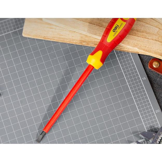 Диэлектрическая шлицевая отвертка Deli DL5151251 5,5х125мм сталь Cr-V, сертификат VDE для работ под напряжением до 1000 В. фото 4