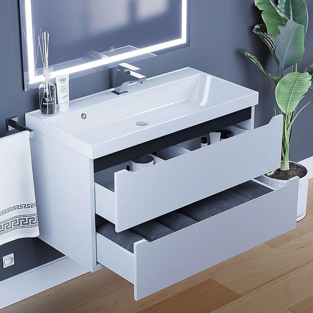 Тумба с раковиной для ванной Uperwood Tanos 90 см, подвесная, матовая, белая/графит фото 3