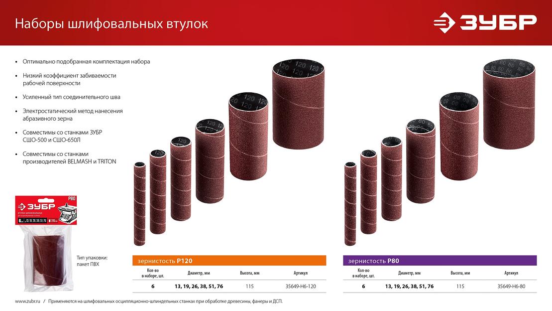 ЗУБР набор 6 шт: 13, 19, 26, 38, 51, 76 мм, высота 115 мм, Р80, втулки шлифовальные для станка СШО-500 МАСТЕР (35649-H6-80) фото 8