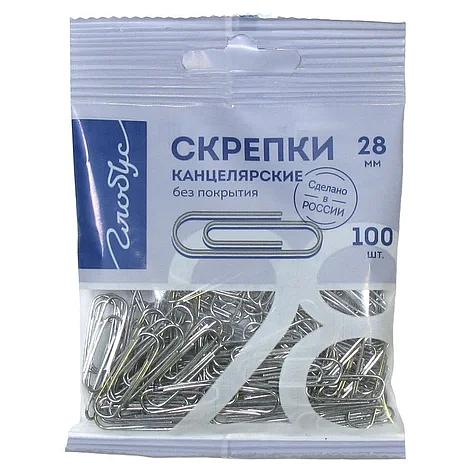 Скрепки Globus 28 мм, оцинкованные, 100 шт/упак, пакет с европодвесом  фото 1