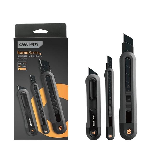 Набор технических ножей "Home Series Black" Deli HT4003 (ножи 9мм+18мм+Т-образный), эксклюзивный дизайн, корпус из высококачественного софттач пластика фото 1