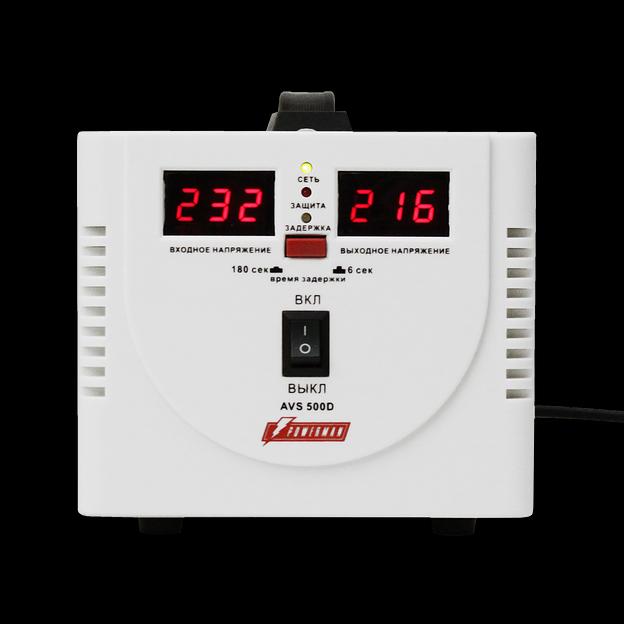 Стабилизатор POWERMAN AVS 500D, ступенчатый регулятор, цифровые индикаторы уровней напряжения, 500ВА, 140-260В, максимальный входной ток 5А, 2 евророзетки, IP-20, напольный, 200мм х 150мм х 140мм, 2,3 кг. POWERMAN AVS 500D фото 2