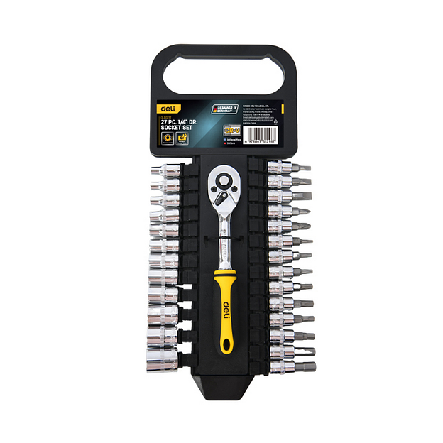 Набор торцевых головок и бит с трещоткой 27 предметов Deli DL0027T 1/4" (12 торцевых головок 4-14 мм, 14 головок-бит SL4,SL5.5,SL7;PH1,PH2;T10,T15,T20,T25,T30;H4,H5,H6,H7, трещотка 45 зубьев, сталь 50BV30 фото 1