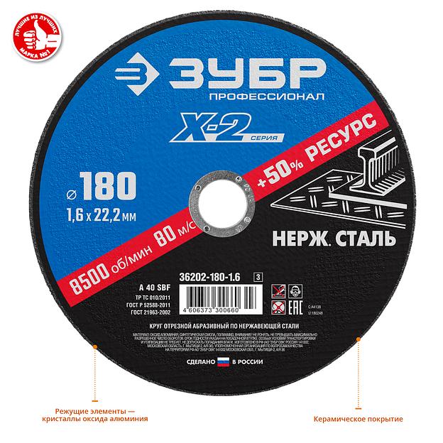ЗУБР 180 x 1.6 x 22.2 мм, круг отрезной по нержавеющей стали, Профессионал (36202-180-1.6) фото 2