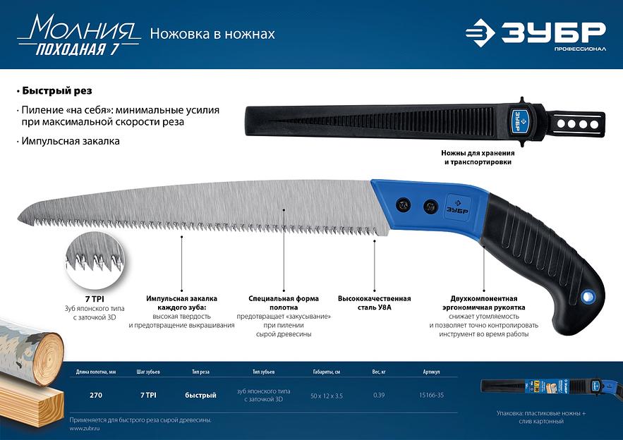ЗУБР Походная 7, 270 мм, ножовка для быстрого реза сырой древесины, Профессионал (15166-35) фото 10