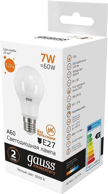 Лампа светодиодная Gauss Elementary 7Вт цок.:E27 груша 220B св.свеч.бел.теп. A60 (упак.:1шт) (23217A) фото 2