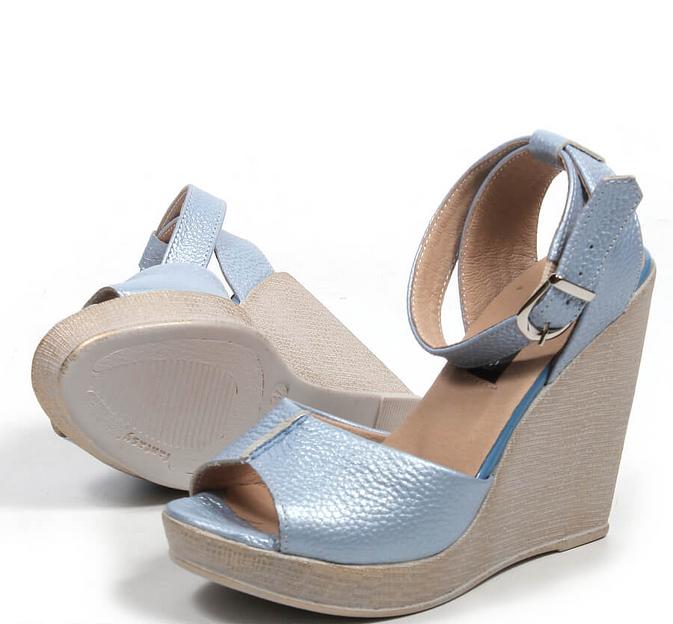 Босоножки женские из натуральной кожи на танкетке, арт.MT005 голубой перламутр ОПТ фото 4