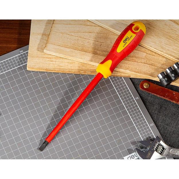 Диэлектрическая шлицевая отвертка Deli DL5161501 6,5х150мм сталь Cr-V, сертификат VDE для работ под напряжением до 1000 В. фото 5