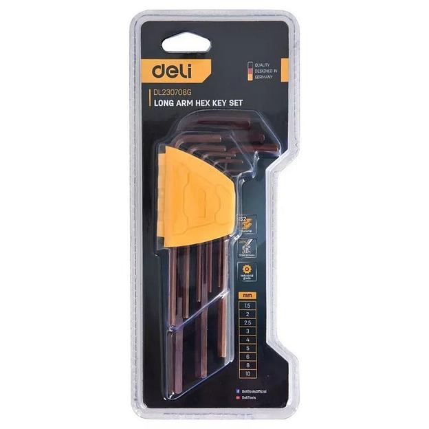 Ключ Deli Набор шестигранных ключей удлиненных Deli DL230708G 9шт S2, размеры 1,5,2,2,5,3,4,5,6,8,10мм, пластиковый держатель фото 3