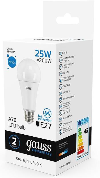 Лампа светодиодная Gauss Elementary 25Вт цок.:E27 груша 220B 6500K св.свеч.бел.хол. A67 (упак.:10шт) (73235) фото 2